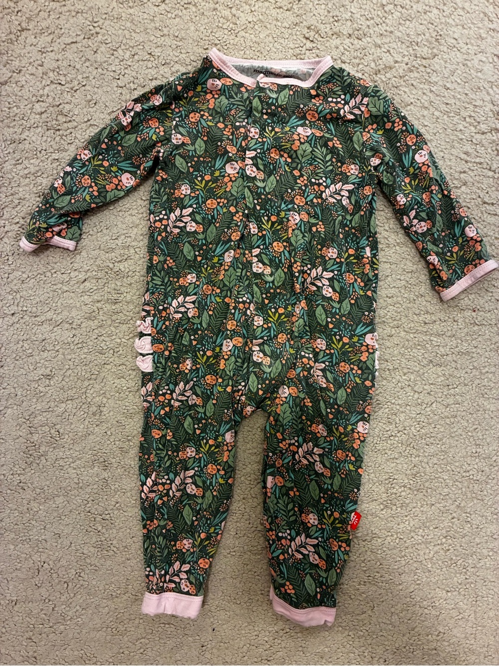 Magnetic Me Green Floral Long-Sleeve Footed One-Piece with Pink Trim